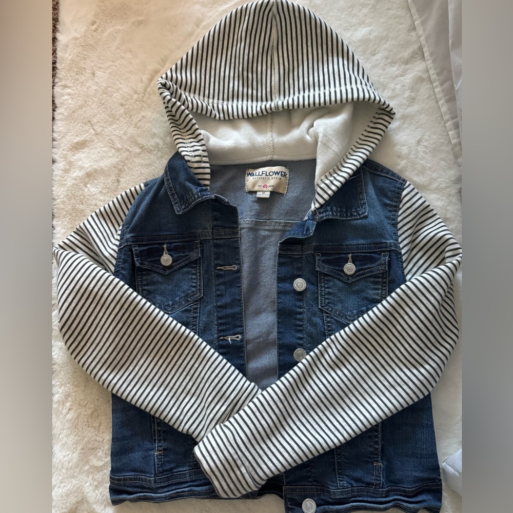 Wallflower Women’s/ Junior’s Denim Jacket with Striped Sleeves - Blue and White